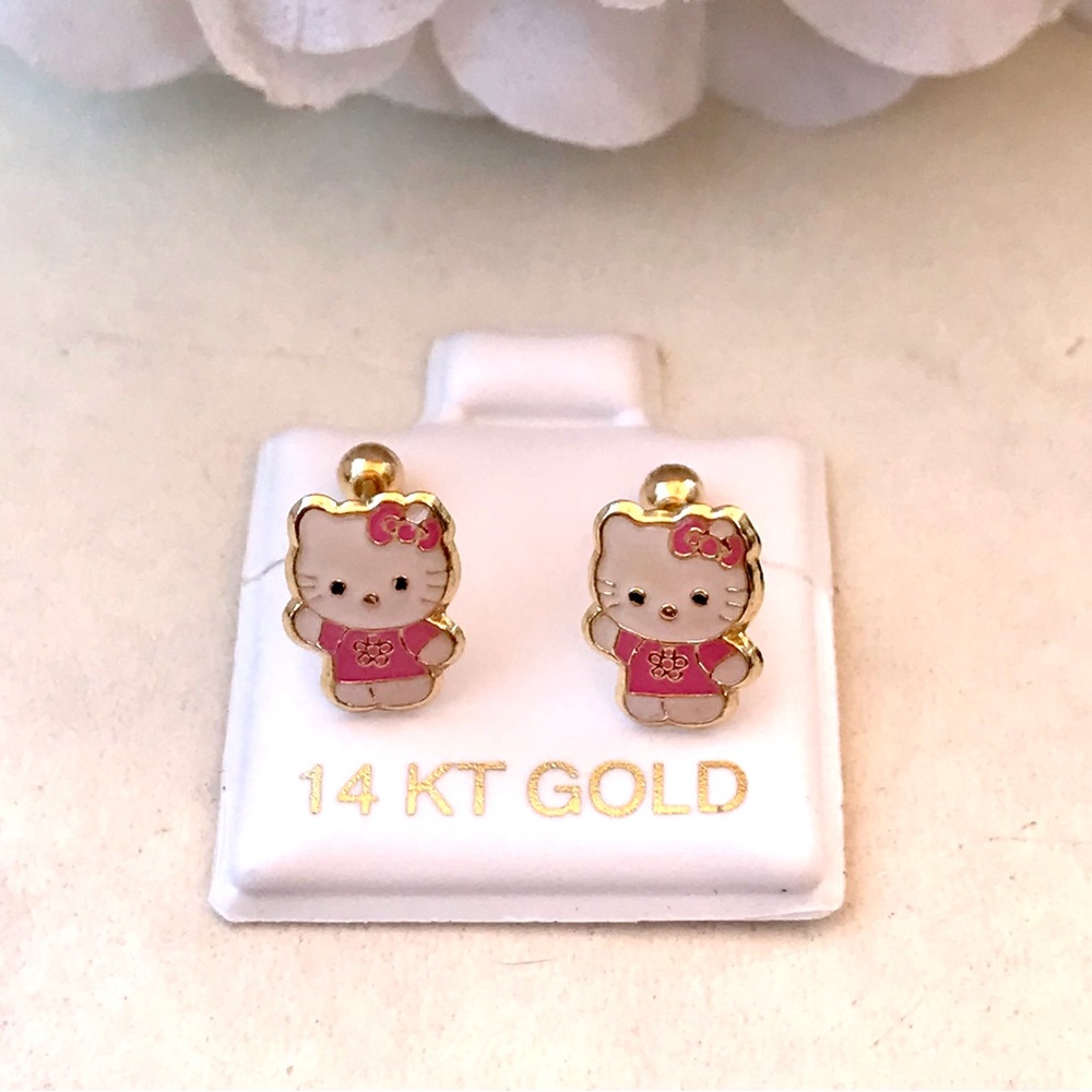 Solid Yellow Gold 14 Karat Pink Kitty Cat 7x7 mm Earring